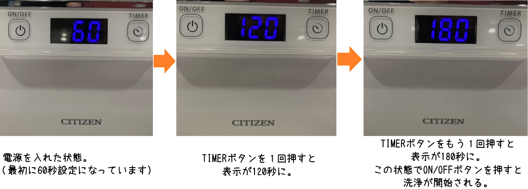 電源を入れた状態。→TIMERボタンを１回押すと表示が120秒に。→TIMERボタンをもう一回押すと表示が180秒に。この状態でON/OFFボタンを押すと洗浄が開始される。